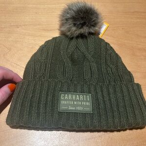 Carhartt Dark Green Beanie with Faux Fur Pom